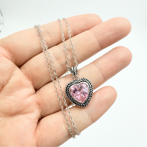 Heart Pendant Necklace with Pink Clear Rhinestone Stone - Picture 1 of 7